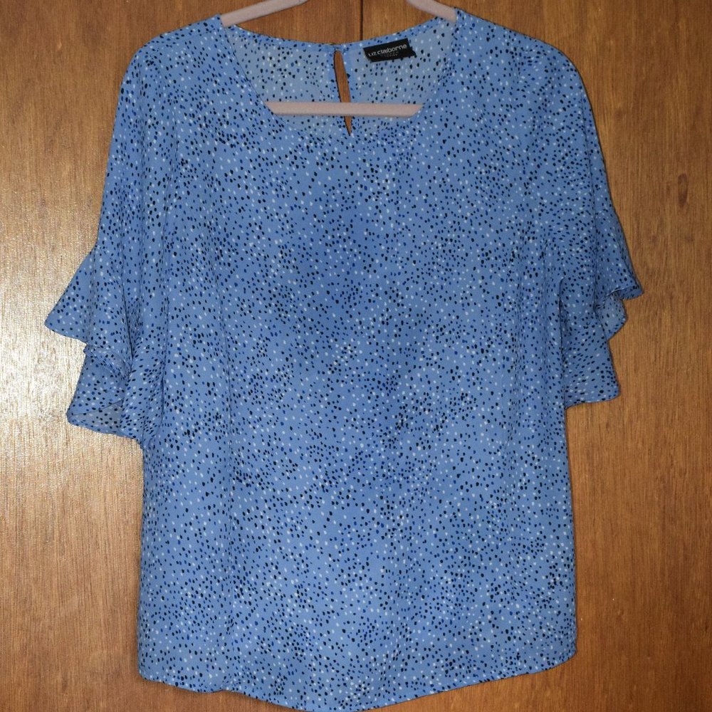 Liz Claiborne Career Petite Ruffle Sleeve Blouse Size M, Blue